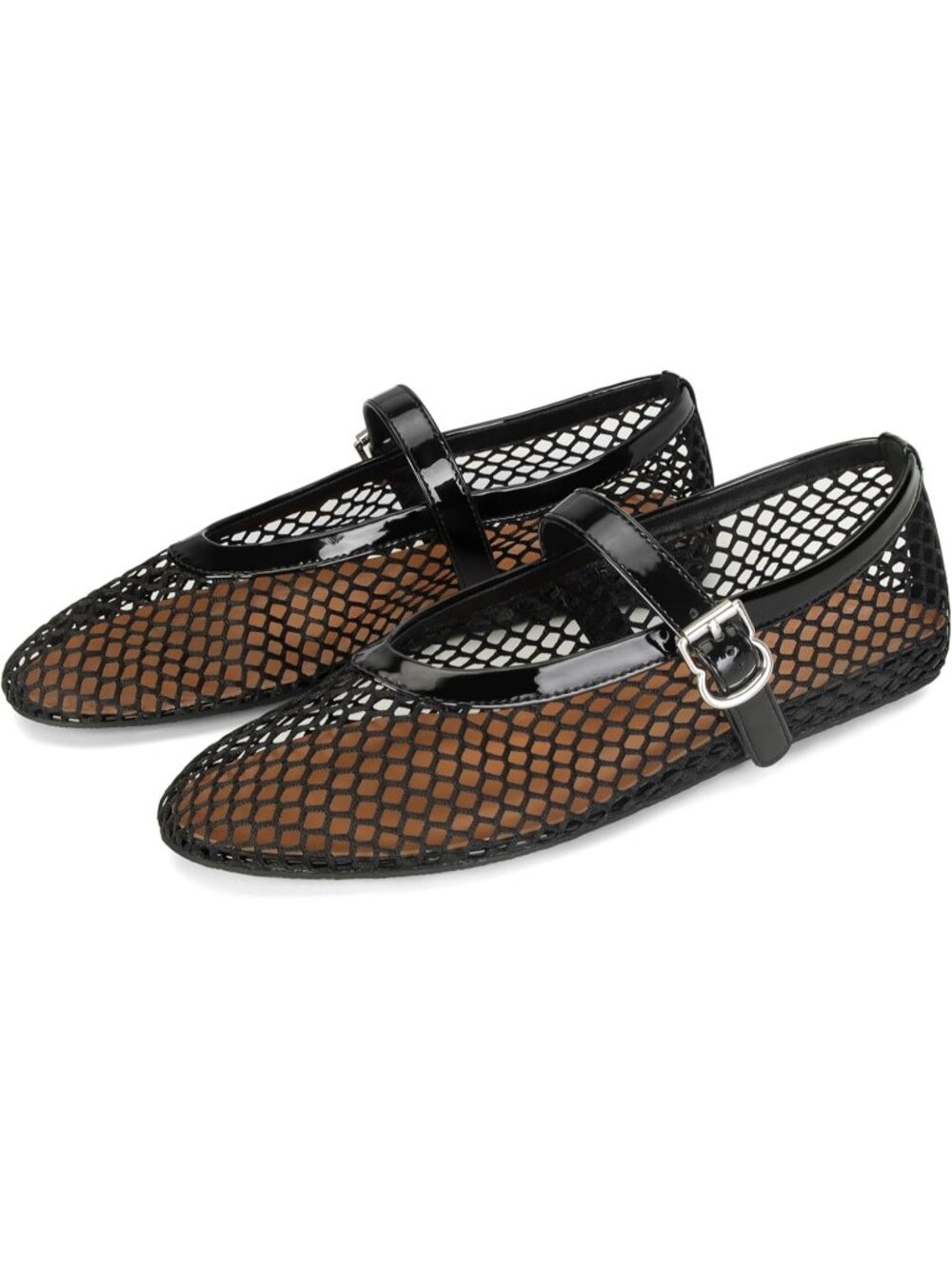 Women's Black Rubber Sole Casual Buckle Strap Comfy Fishnet Ballerina Flat Shoes